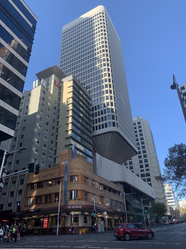 Old and new Art Deco Civic Hotel brutalist Masonic Centre modern Ibis Hotel Sydney NSW AU 