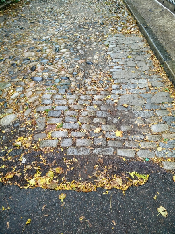 Old Boston street paved in cobbles setts and asphalt concrete 