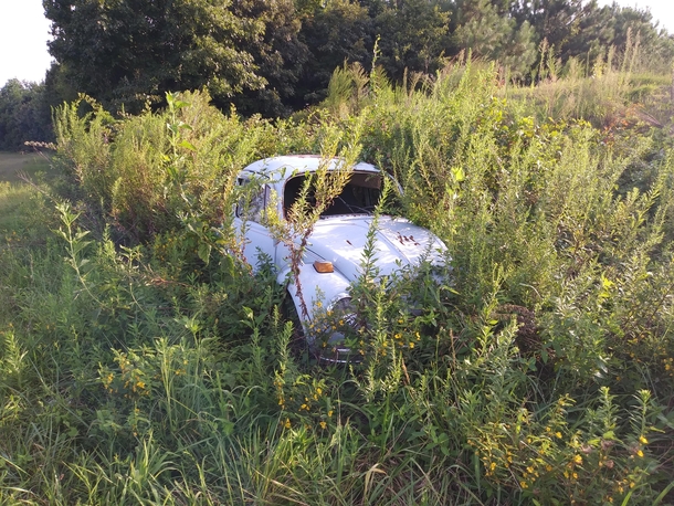 Old car in a field near my house keys still in the ignition