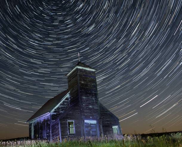 Old church with star trails 