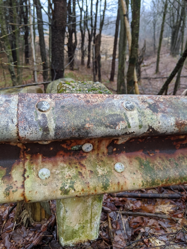 Old guardrail on abandoned roadway turned nature trail
