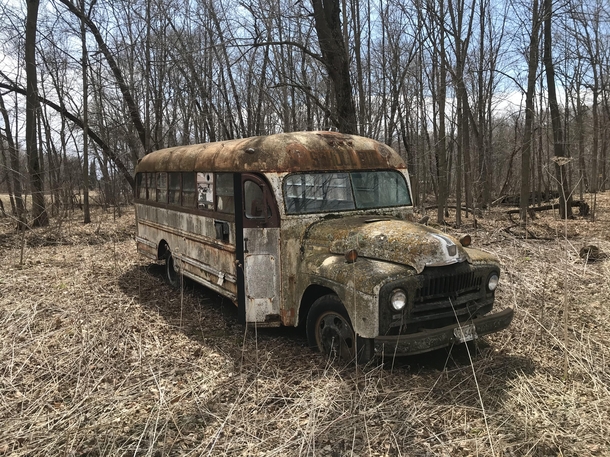 Old school bus turned into a motor home then left in the woods