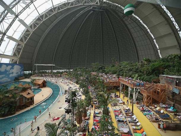 Old Soviet-era military airship hangar converted into a tropical resort in Krausnick Germany
