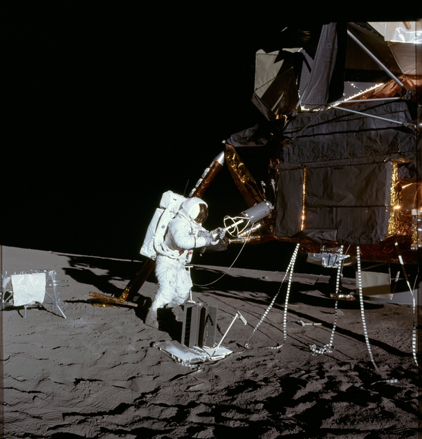 On Apollo  and later Apollo missions the scientific experiments were powered by Radioisotope Thermoelectric Generators RTG Here we see astronaut Alan Bean Apollo  lunar module pilot transferring  kilograms  lb of plutonium- from the lunar module to the RT