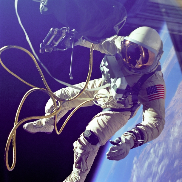 On June rd  Ed White became the first American to step outside his spacecraft and let go effectively setting himself adrift in the zero gravity of space For  minutes White floated and maneuvered himself around the Gemini spacecraft logging  miles during h