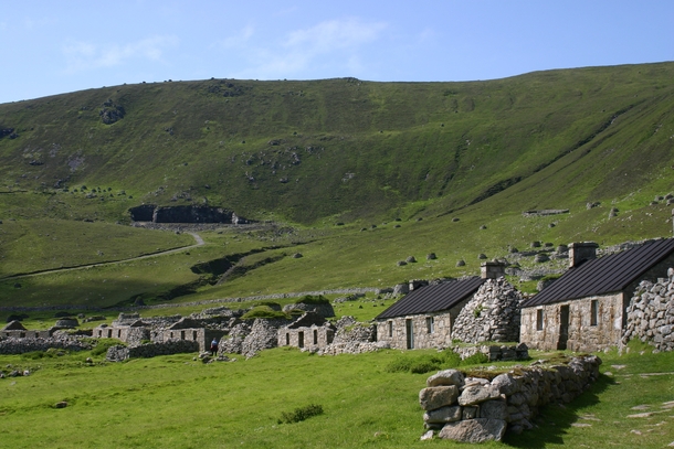 Once home to Britains most isolated community St Kilda has been abandoned since  when accidental pollution of the land crop failure and an unsustainably low population drove the remaining St Kildans off the island 