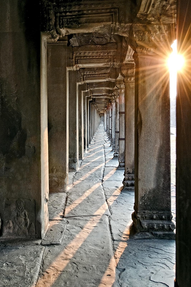 One of the numerous long corridors in the Angkor Wat temple system 
