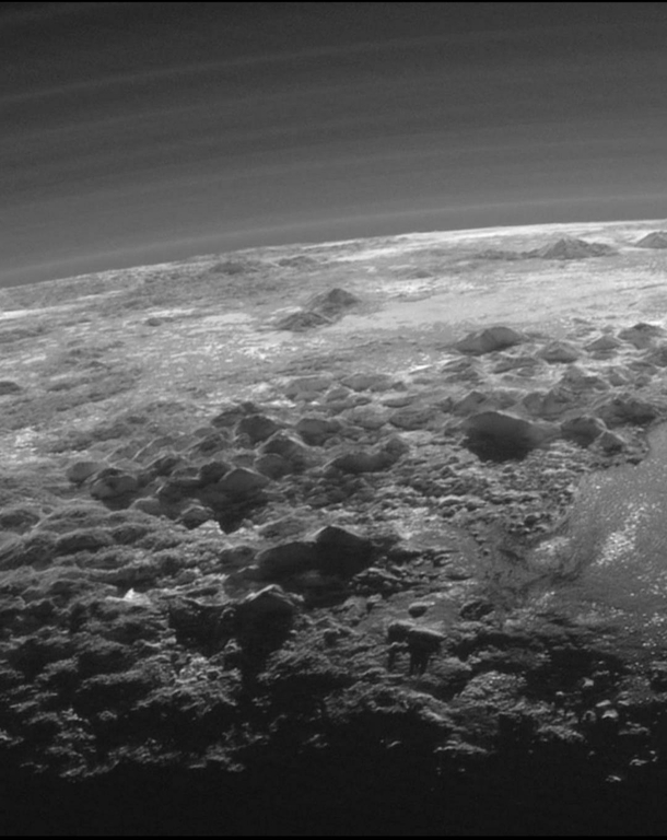 One of the rarest landscape ever taken of the outer regions of the Solar System A Plutonian LandscapeIt was captured from a range of about  kilometers when New Horizons looked back toward Pluto  minutes after the spacecrafts closest approach