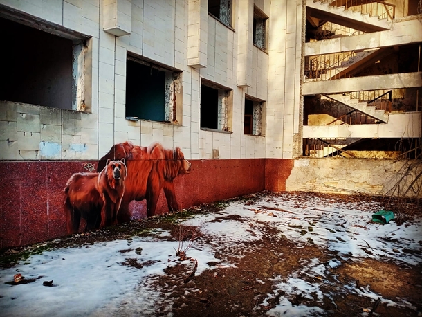 One of the street arts with the fauna of the Chornobyl Exclusion Zone - brown bears on the wall of the Palace of Culture Energetik