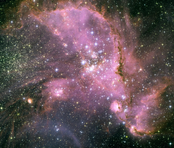 Open star cluster NGC  still in the process of forming in the Small Magellanic Cloud It contains the star HD  the brightest star in the entire SMC 