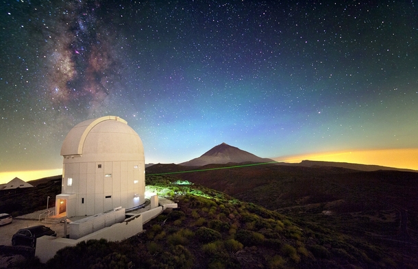Optical Ground Station on Tenerife using a laser The invisible infrared single photons used for quantum teleportation are sent from the neighbouring island La Palma and received by the  m Telescope located under the dome of the OGS 