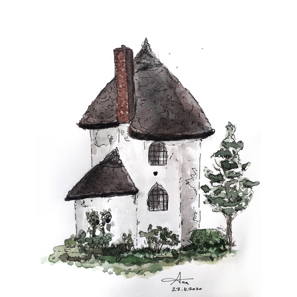 Painting of an old toll house in Stanton Drew England