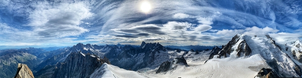 Panorama taken from Aiguille de Midi showing the Chamonix Valley France on the left Switzerland in the centre and the Italian Alps and Mont Blanc on the right am  August   x