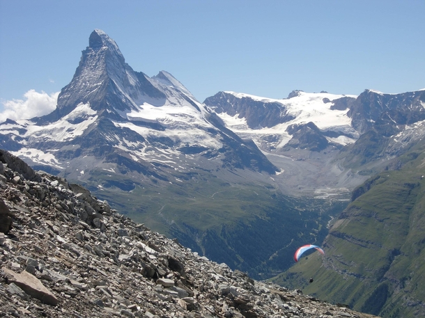 Paragliding in Zermatt Switzerland with a view of Matterhorn Mountain 
