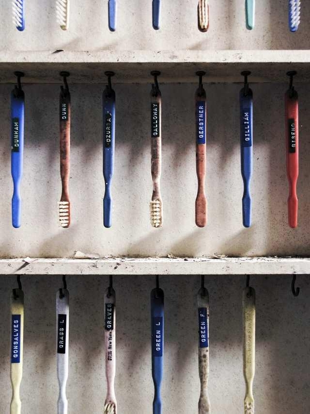 Patients toothbrushes in an abandoned asylum
