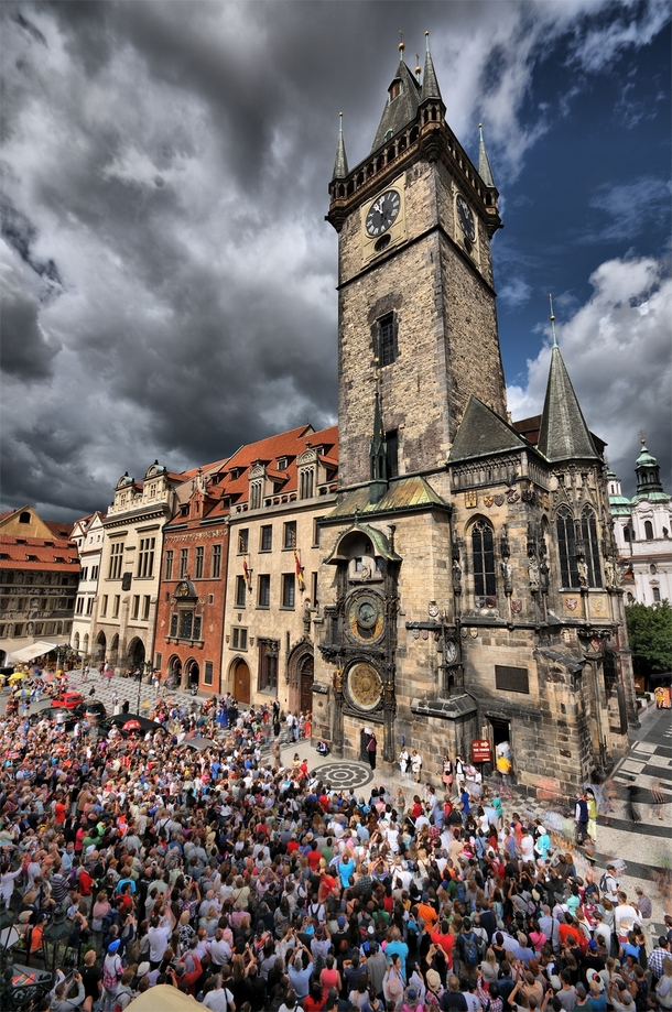 People Gathering for the Astronomical Clock in Old Town Square Prague Czech Republic 