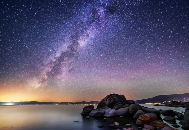 Perseid meteor and Milky Way over the rocks on the east shore of Lake Tahoe last week 
