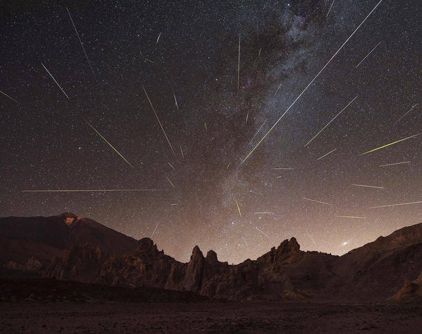 Perseids Meteor Shower  Panorama  Blend at the Roques de Garca  Tenerife Spain  OC