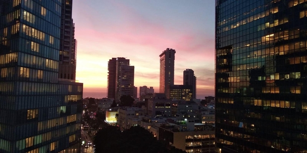 Pink sunset over Tel Aviv Israel