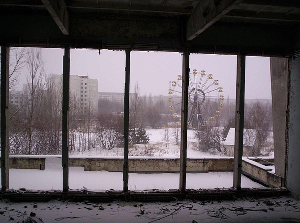 Pripyat amusement park as seen from the City Center Gymnasium The city of Pripyat has been abandoned since the Chernobyl disaster