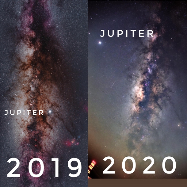 probably not an accurate comparison as both images werent taken around the same time but nice to see Jupiters change in position in the sky nearly a year apart 