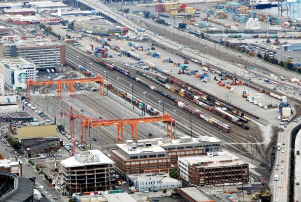 Rail yard meets shipping container port Seattle USA 