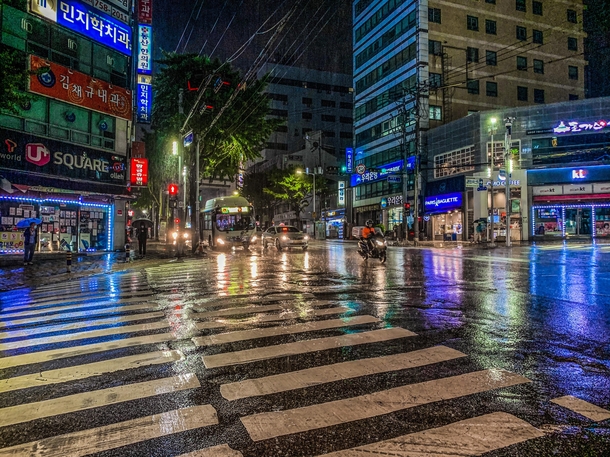 Rain soaked crossing Busan 