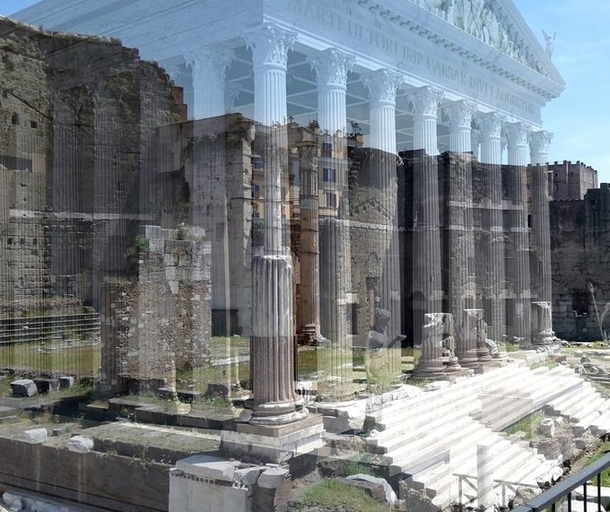 Reconstruction superimposed on the ruins of the Temple of Mars Avenger Rome 