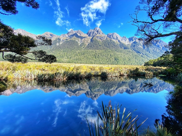 Reflection of Mirror Lakes in Fiordland National Park New Zealand 