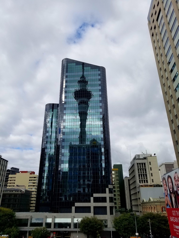 Reflection of Sky Tower in Auckland New Zealand 