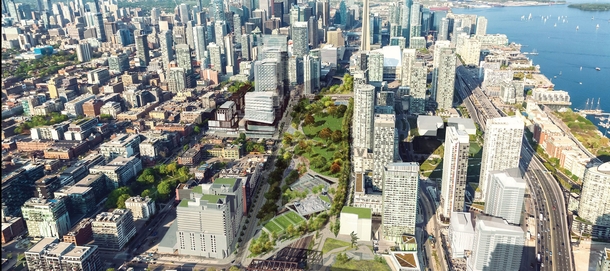 Render Rail Deck Park a proposed  hectares  acres urban park to be built over the Union Station Rail Corridor in Toronto Canada