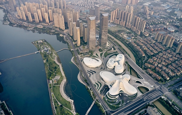 rial view of Changsha Meixihu International Culture and Art Centre beside Meixi Lake in Changsha capital of Hunan province set amidst its surroundings architected by Zaha Hadid Architects due for completion presently 