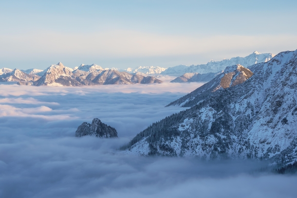 Rise of the Alps above the sea of fog German-Austrian border region 