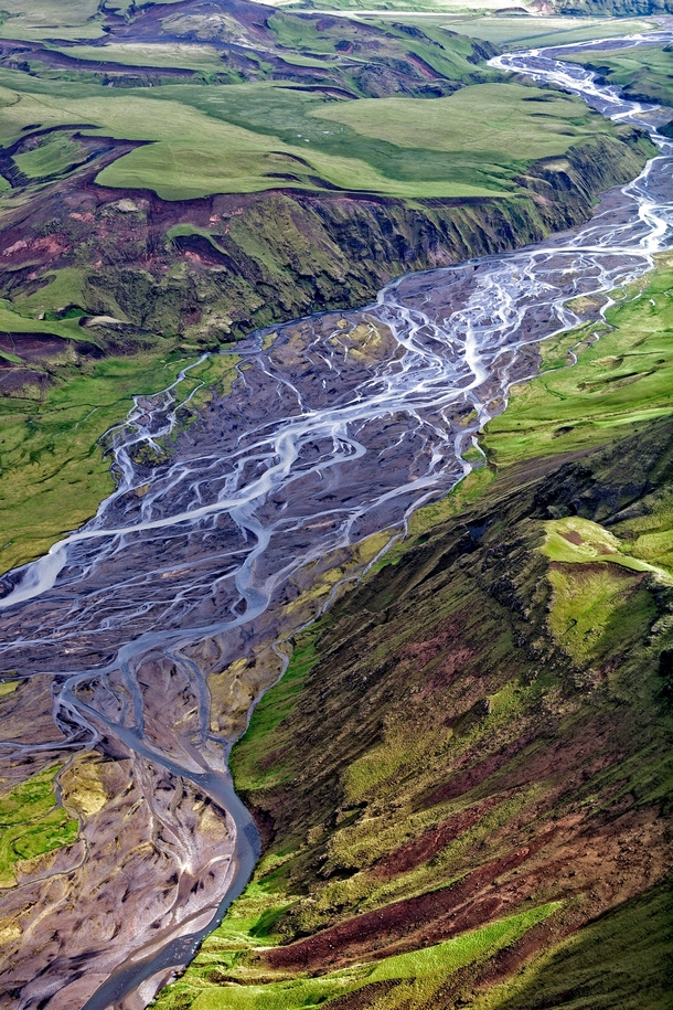 River deltas cut through the landscape on the way to the sea in South Iceland 