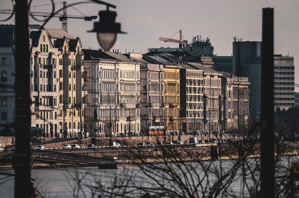 Row of houses and hotels on Budapests Danube quay 