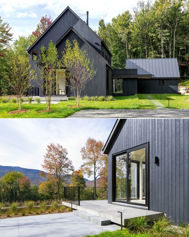 Rural hillside property clad in charred wood overlooking Green Mountains Fayston Vermont by Elizabeth Herrmann Architecture Photo Lindsay Selin 