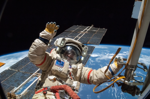 Russian cosmonaut Alexander Skvortsov gives a wave as he works outside the International Space Station on August th  