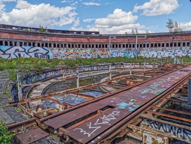 Rusty railway turntable in the abandoned train yard in Berlin 