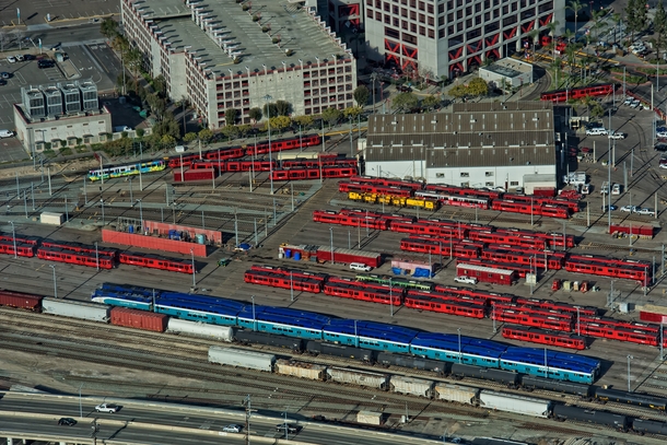 San Diego combined rail yard for trolleys red coastal commuter train blue and a bit of cargo for the nearby port 
