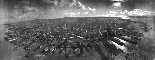San Francisco California USA George R Lawrence took this photo on  May  about  weeks after the Great San Francisco earthquake which occurred on April  The -degree panorama was taken from a camera suspended from a kite  feet 