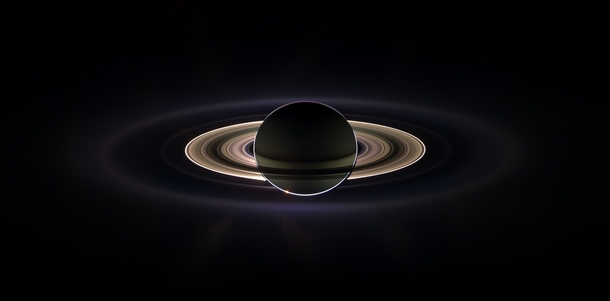Saturn eclipsing the sun seen from behind The image is a composite assembled from images taken by the Cassini spacecraft Earth is visible as a dot above the left extremity of the main set of rings