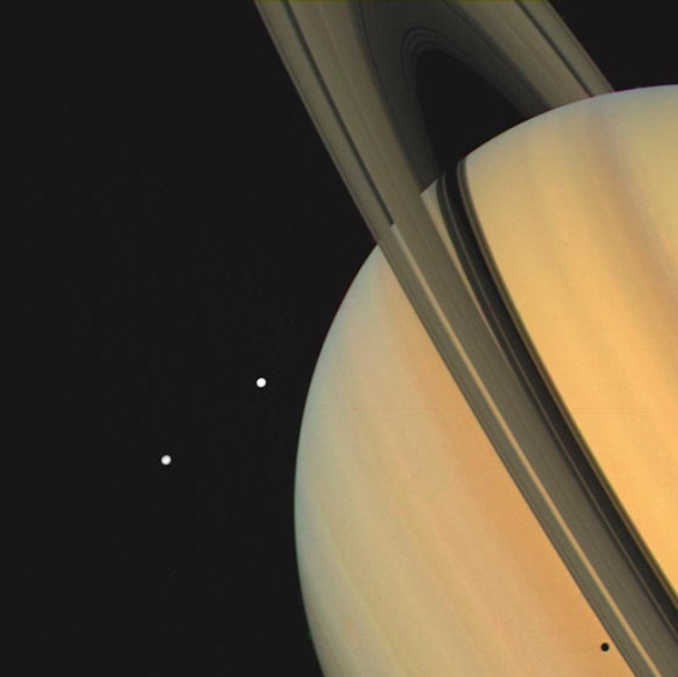 Saturn Tethys and Dione Taken by Voyager 