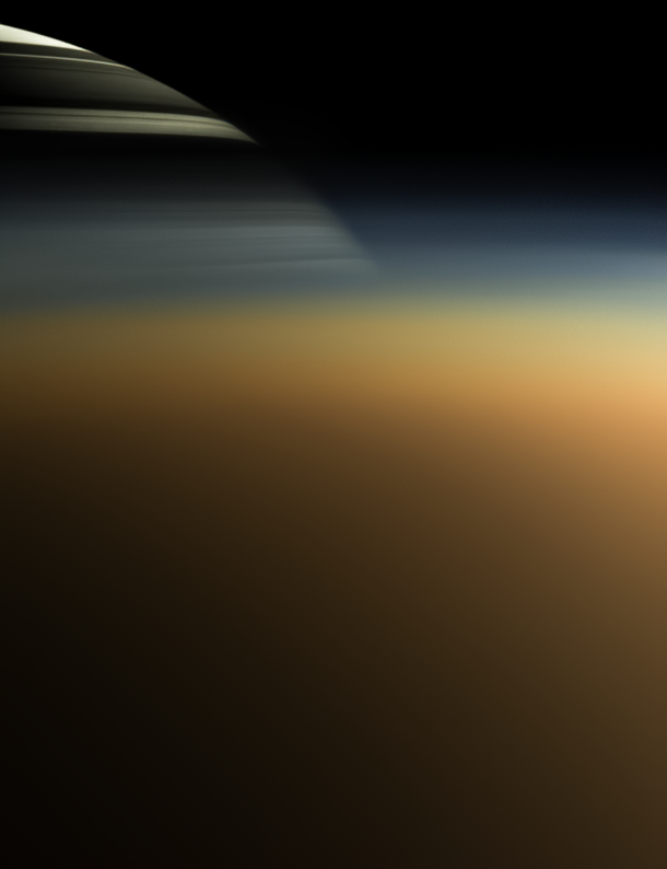 Saturn viewed through the upper atmosphere of Titan by Cassini March  