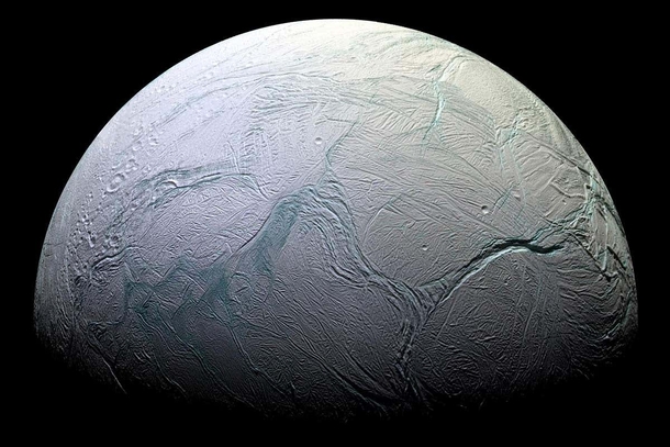 Saturns ice moon Enceladus Image by Cassini NASAJPLSpace Science Institute