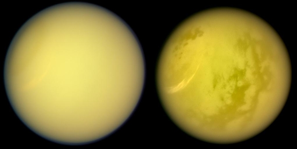 Saturns moon Titan True color left and with haze-penetrating near-infrared right as seen by Cassini in March 
