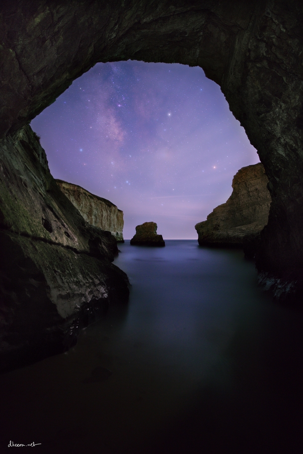 Sea cave and Milky Way near Santa Cruz California 