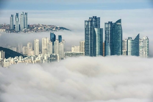 Sea fog rolling over Busan South Korea 