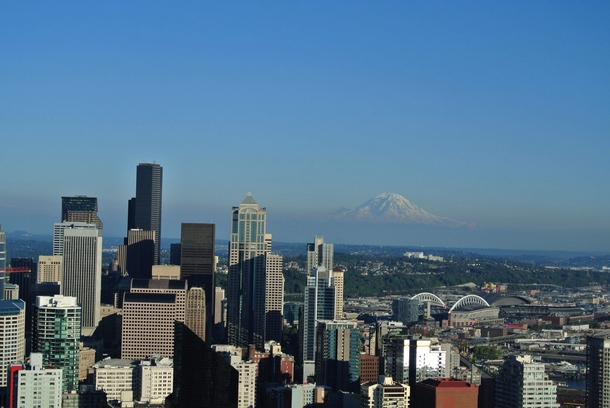 Seattle with Mount Rainier appearing to float in the background Shot from the Space Needle 