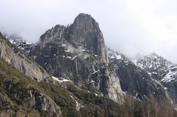 Sentinel Rock a foggy day in Yosemite 