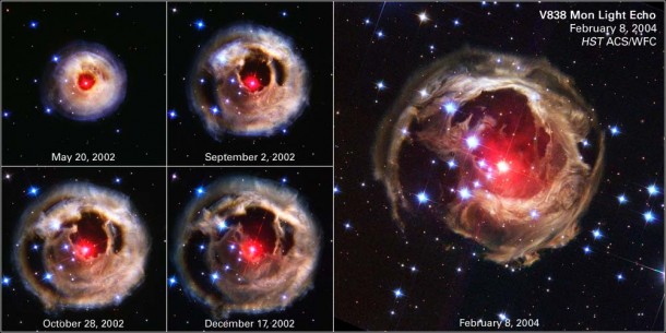 Series of photos showing the expansion of star V Monocerotis light echo 
